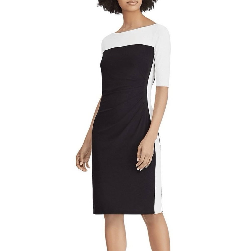 Ralph Lauren Black White Colorblock Side Ruched 1/2 Sleeve Stretch‎ Dress Size 8